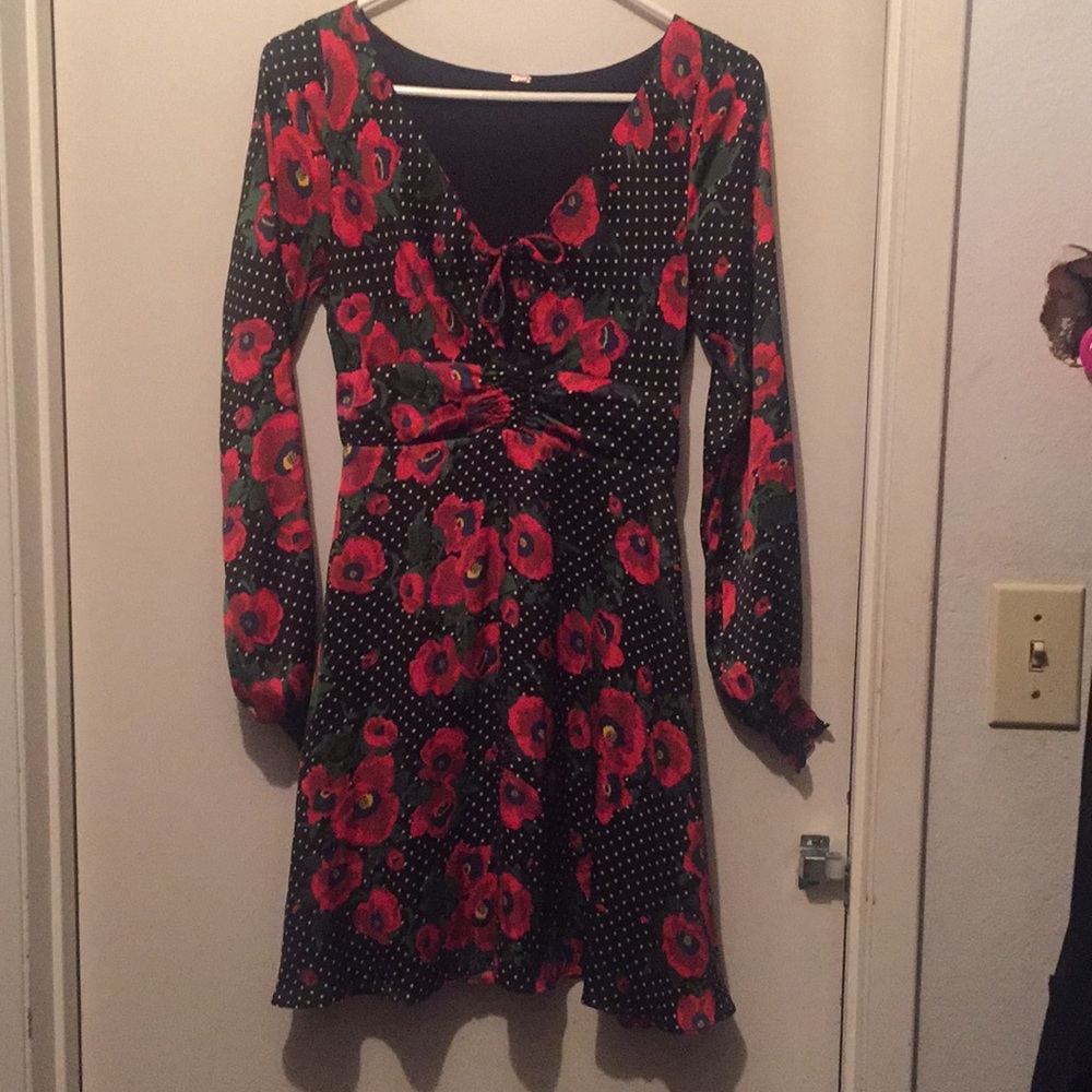 Free people black red floral silky 2 dress